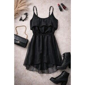 Y2K AE Mini Dress Medium – Strappy Ruffle Club Slip Black Sheer Gothcore